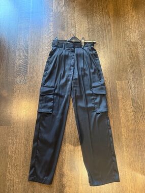 Dynamite Satin Black Straight-Leg Cargo Pants